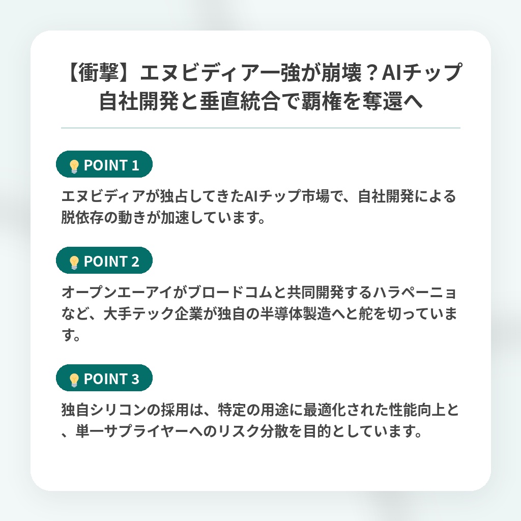【衝撃】エヌビディア一強が崩壊？AIチップ自社開発と垂直統合で覇権を奪還への注目ポイントまとめ