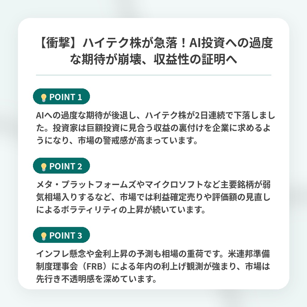 【衝撃】ハイテク株が急落！AI投資への過度な期待が崩壊、収益性の証明への注目ポイントまとめ