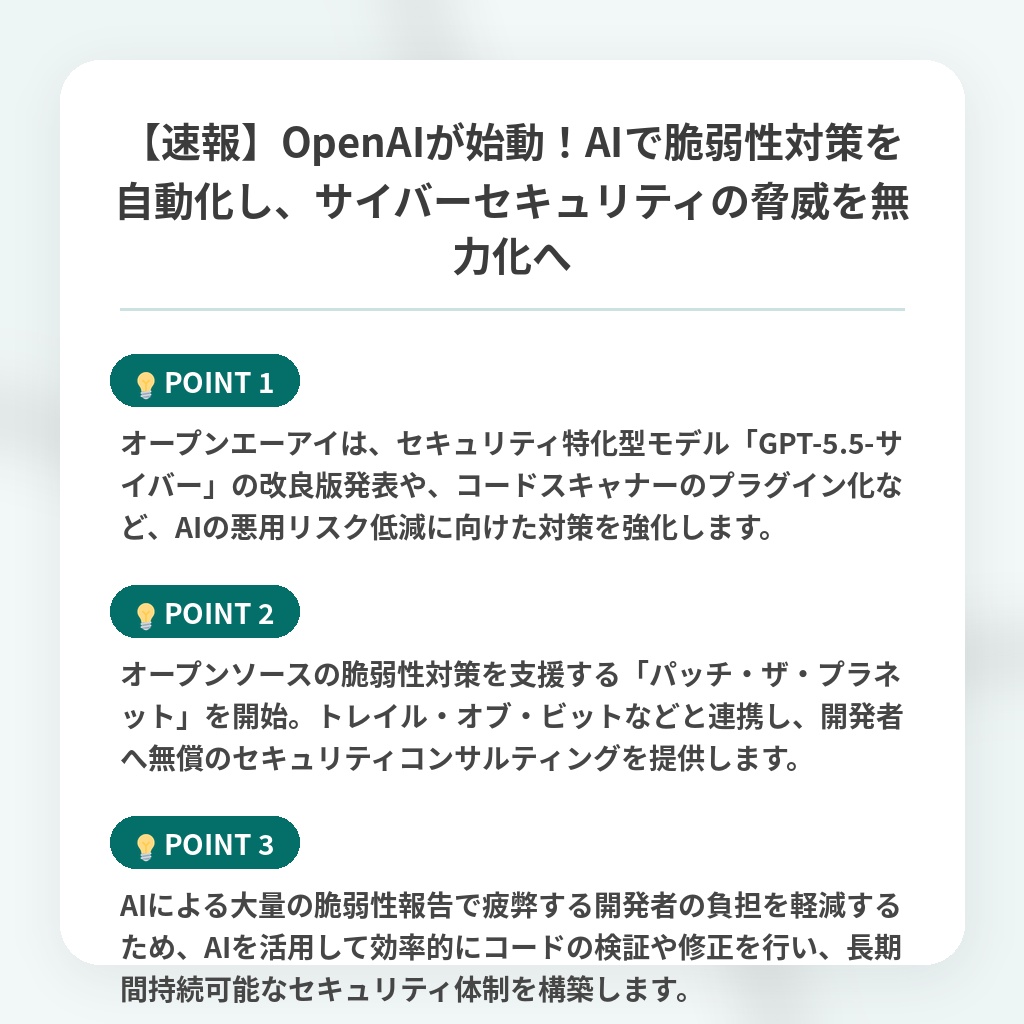 【速報】OpenAIが始動!AIで脆弱性対策を自動化し、サイバーセキュリティの脅威を無力化への注目ポイントまとめ