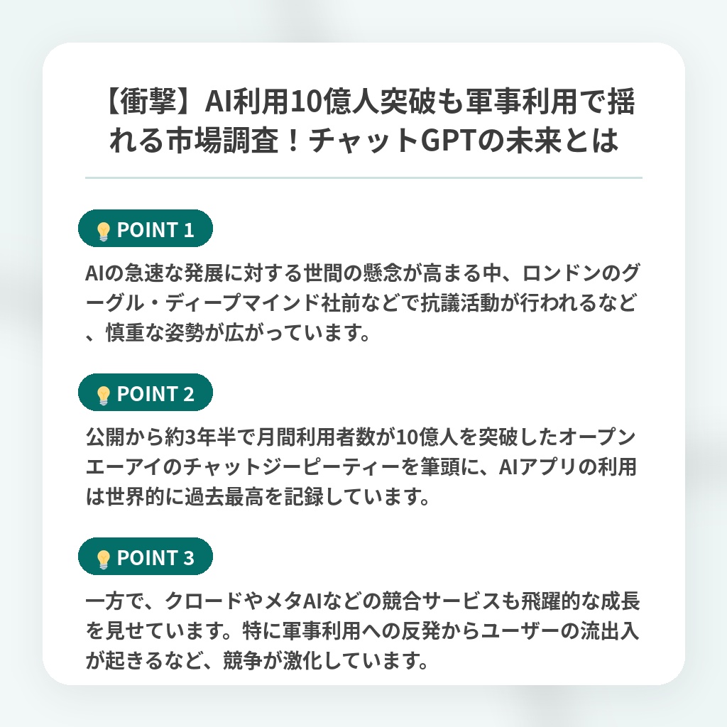 【衝撃】AI利用10億人突破も軍事利用で揺れる市場調査！チャットGPTの未来とはの注目ポイントまとめ