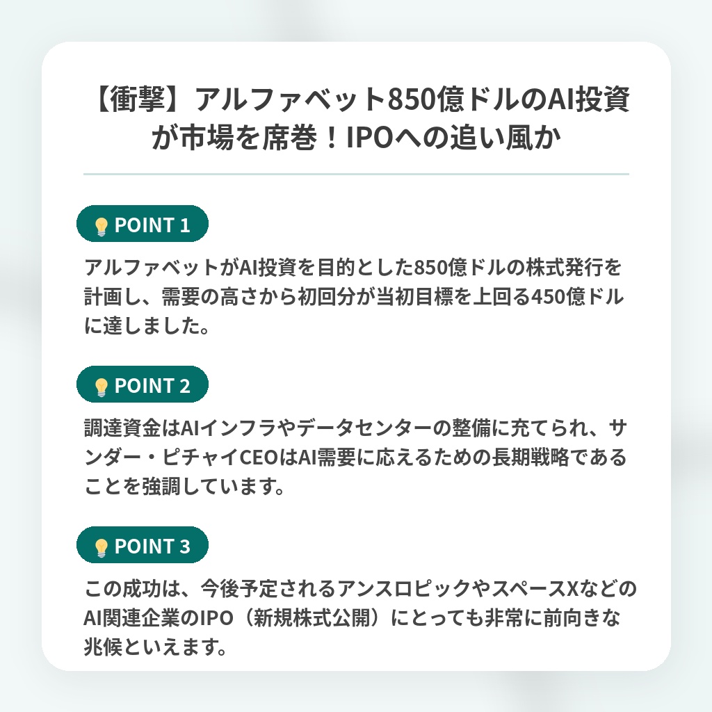 【衝撃】アルファベット850億ドルのAI投資が市場を席巻！IPOへの追い風かの注目ポイントまとめ