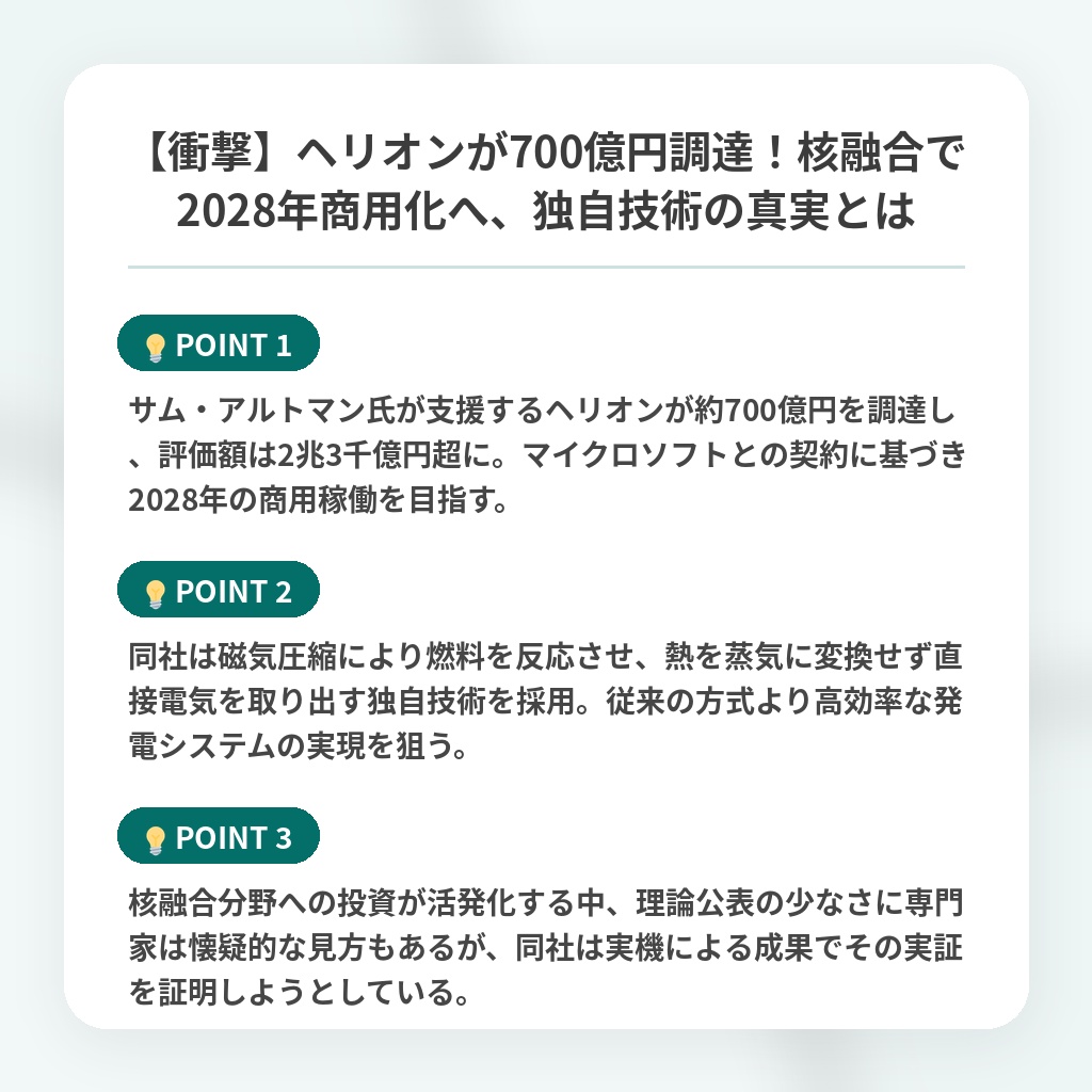 【衝撃】ヘリオンが700億円調達！核融合で2028年商用化へ、独自技術の真実とはの注目ポイントまとめ