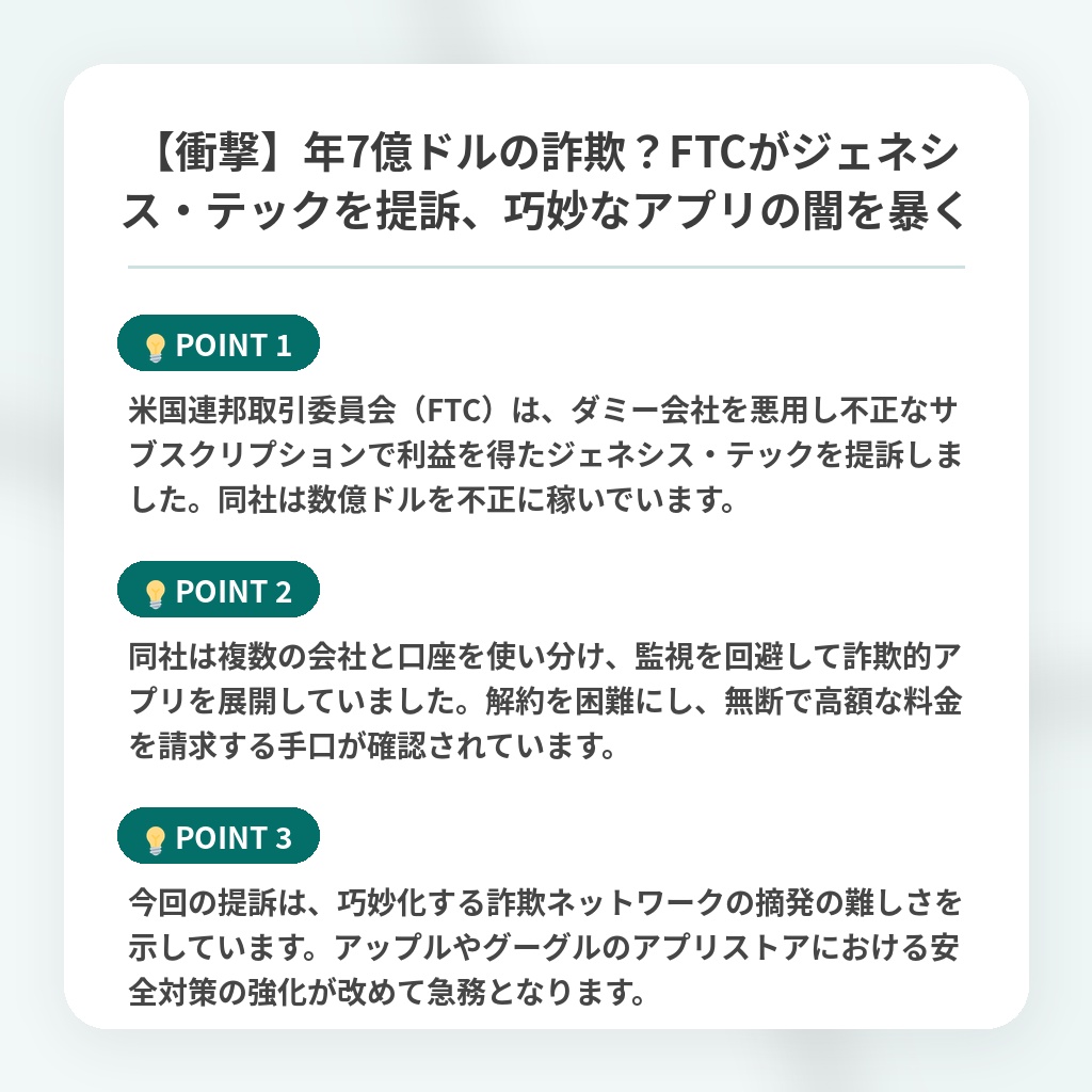 【衝撃】年7億ドルの詐欺?FTCがジェネシス・テックを提訴、巧妙なアプリの闇を暴くの注目ポイントまとめ