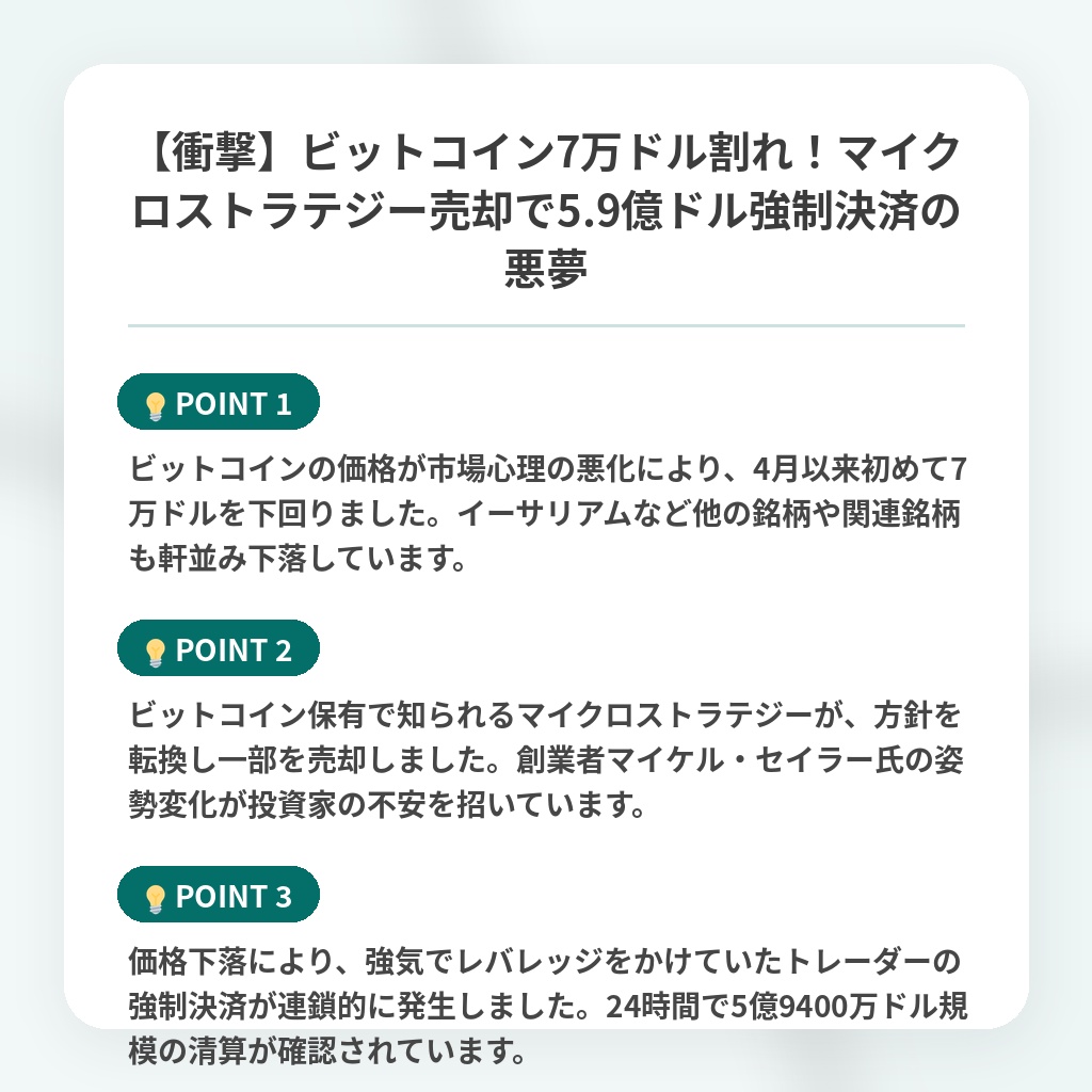 【衝撃】ビットコイン7万ドル割れ!マイクロストラテジー売却で5.9億ドル強制決済の悪夢の注目ポイントまとめ