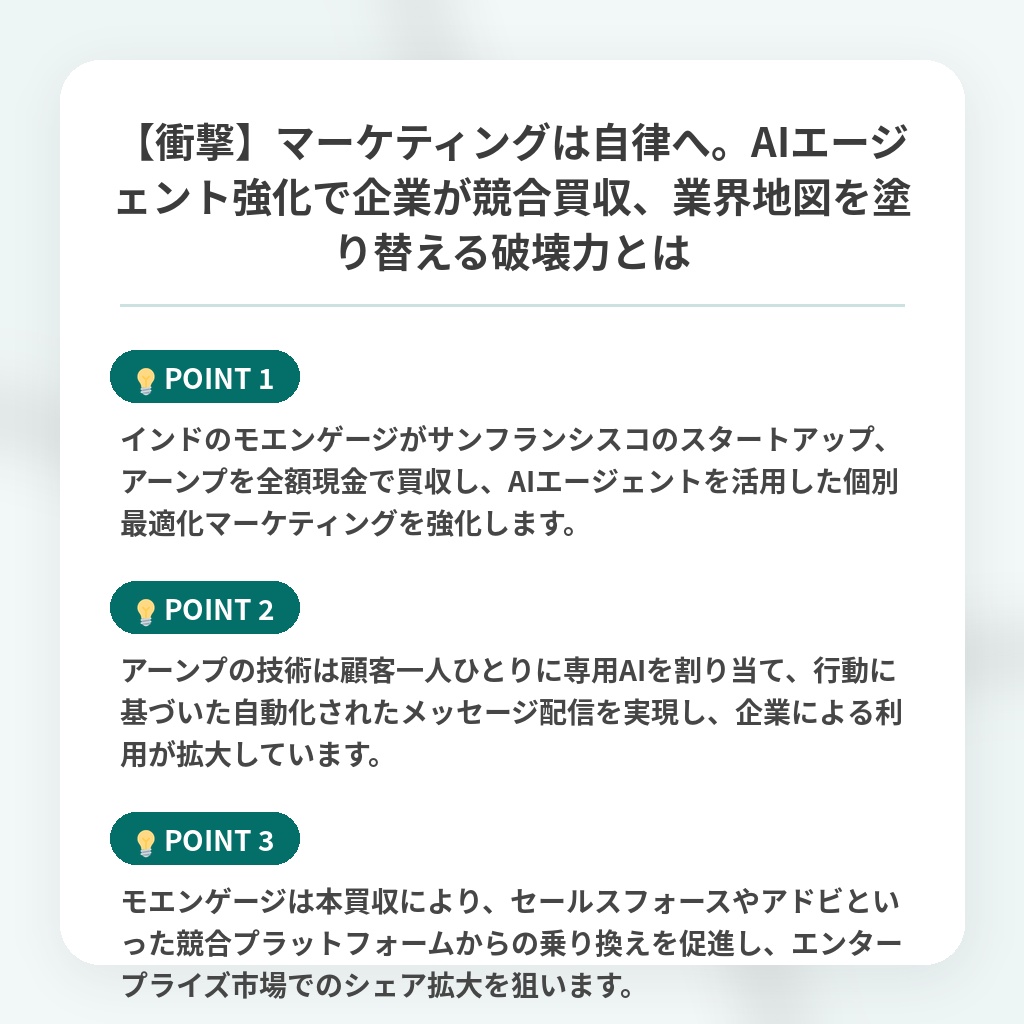 【衝撃】マーケティングは自律へ。AIエージェント強化で企業が競合買収、業界地図を塗り替える破壊力とはの注目ポイントまとめ