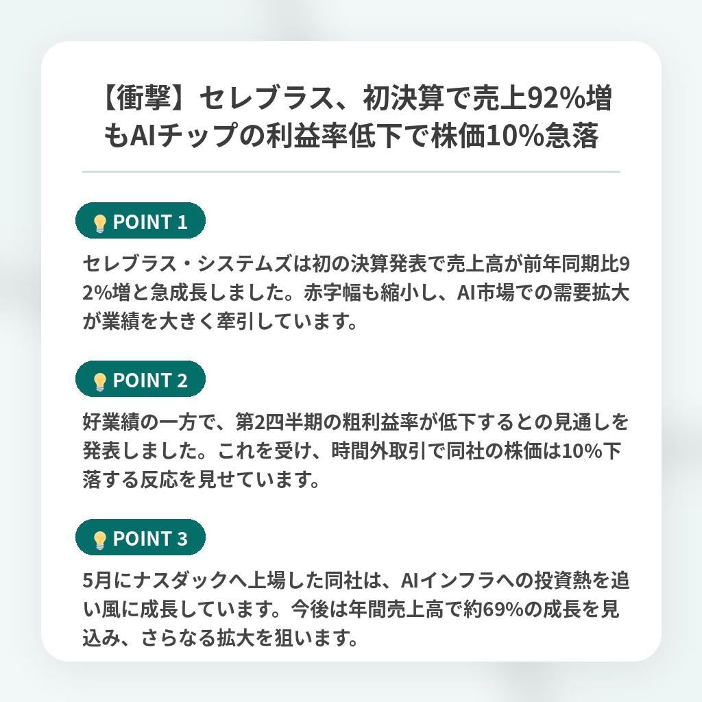 【衝撃】セレブラス、初決算で売上92%増もAIチップの利益率低下で株価10%急落の注目ポイントまとめ