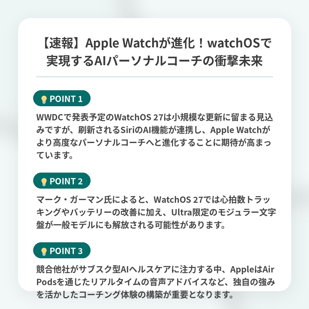 【速報】Apple Watchが進化!watchOSで実現するAIパーソナルコーチの衝撃未来の注目ポイントまとめ