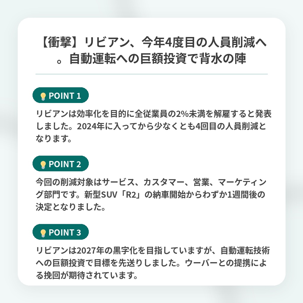 【衝撃】リビアン、今年4度目の人員削減へ。自動運転への巨額投資で背水の陣の注目ポイントまとめ