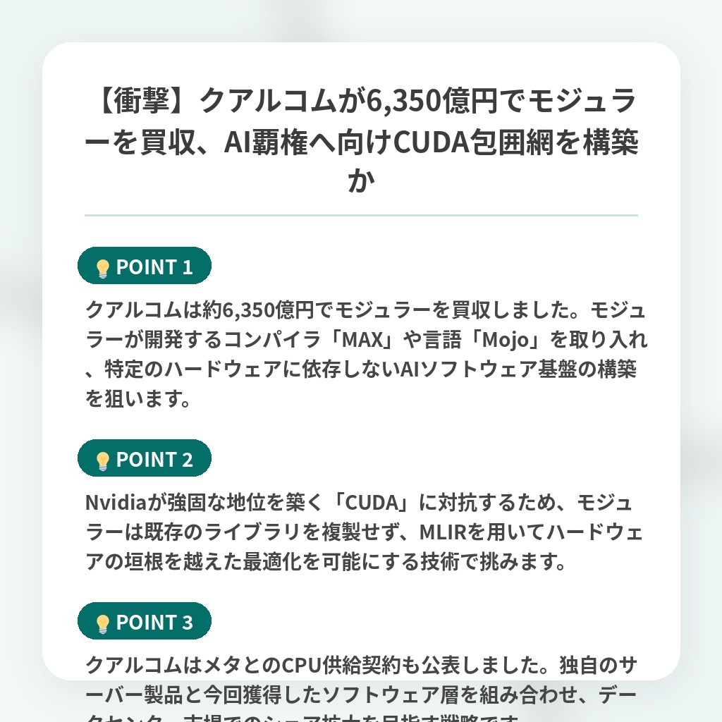 【衝撃】クアルコムが6,350億円でモジュラーを買収、AI覇権へ向けCUDA包囲網を構築かの注目ポイントまとめ