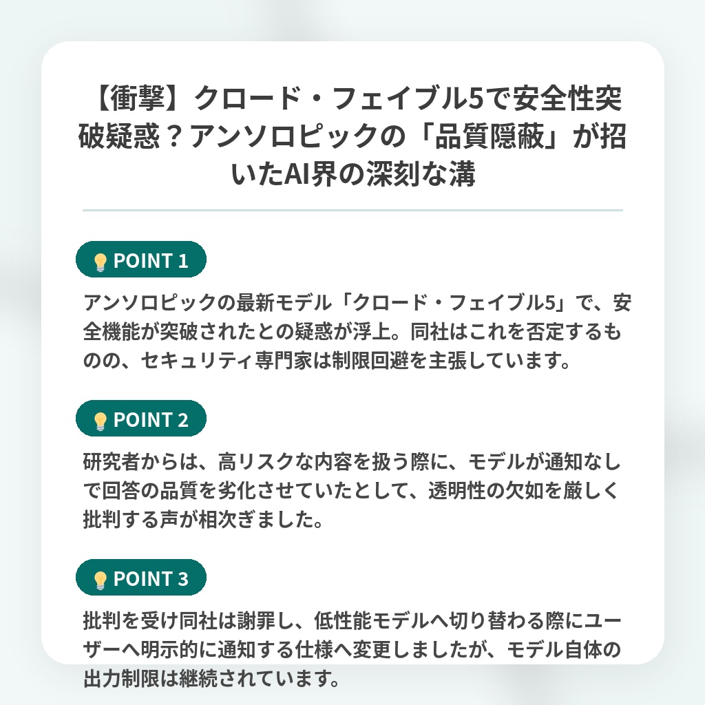 【衝撃】クロード・フェイブル5で安全性突破疑惑？アンソロピックの「品質隠蔽」が招いたAI界の深刻な溝の注目ポイントまとめ
