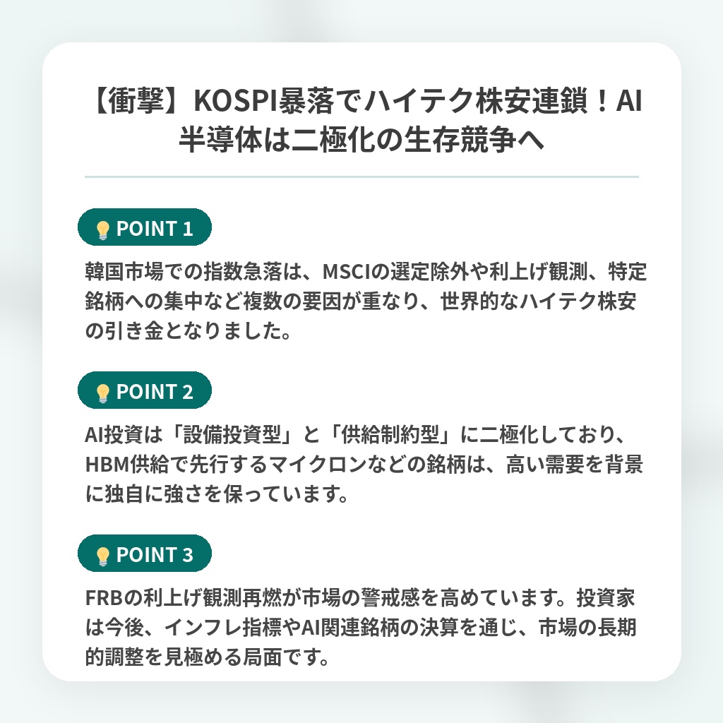 【衝撃】KOSPI暴落でハイテク株安連鎖！AI半導体は二極化の生存競争への注目ポイントまとめ
