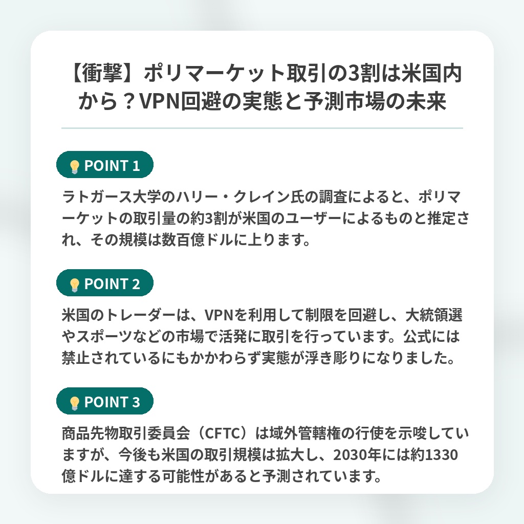 【衝撃】ポリマーケット取引の3割は米国内から?VPN回避の実態と予測市場の未来の注目ポイントまとめ