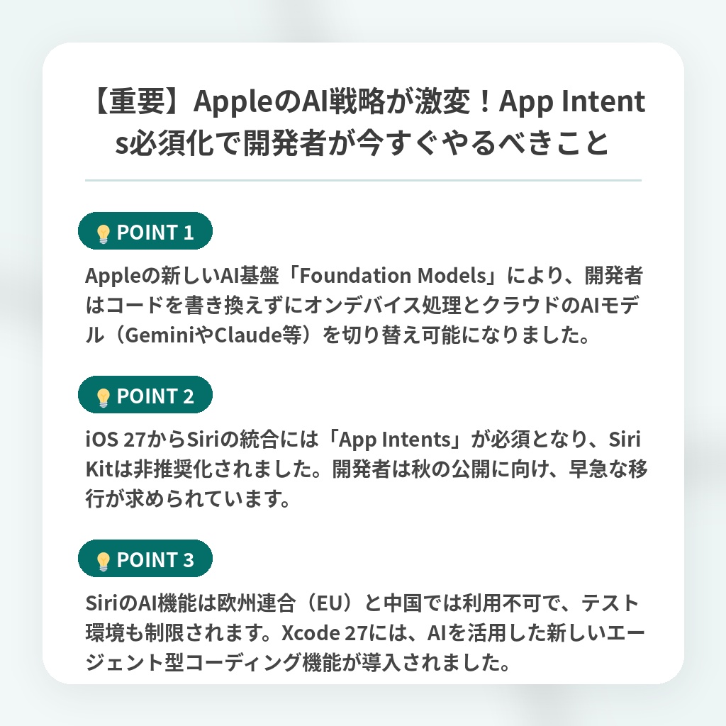 【重要】AppleのAI戦略が激変!App Intents必須化で開発者が今すぐやるべきことの注目ポイントまとめ