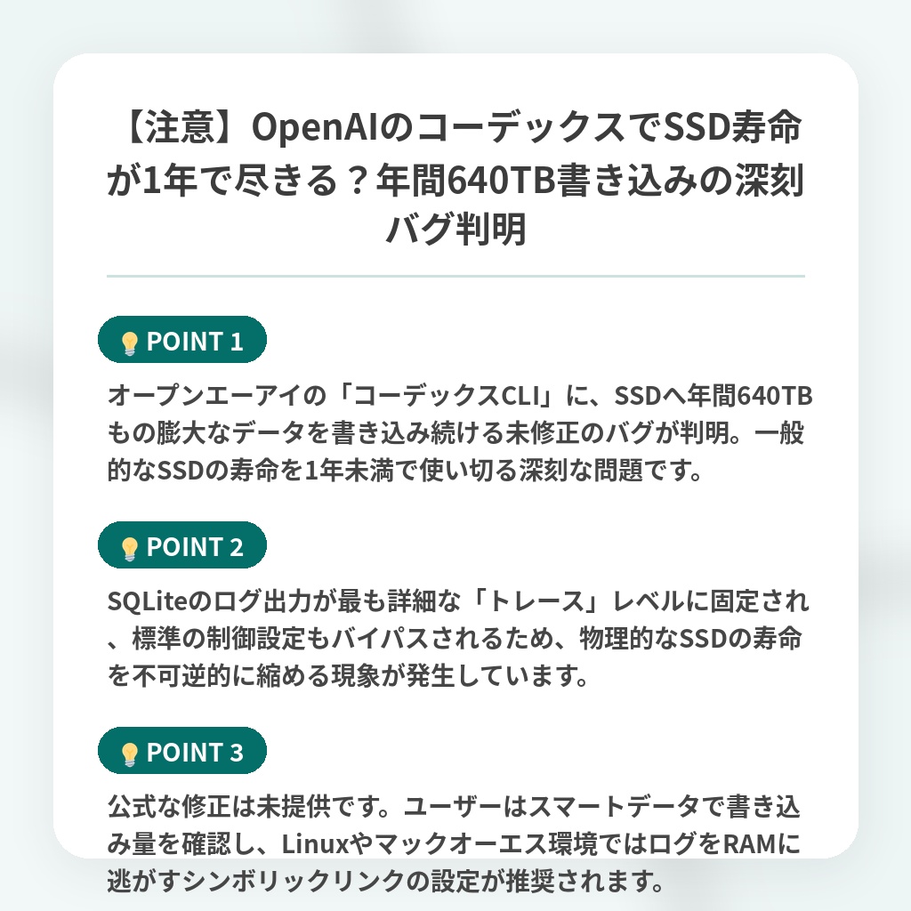 【注意】OpenAIのコーデックスでSSD寿命が1年で尽きる?年間640TB書き込みの深刻バグ判明の注目ポイントまとめ