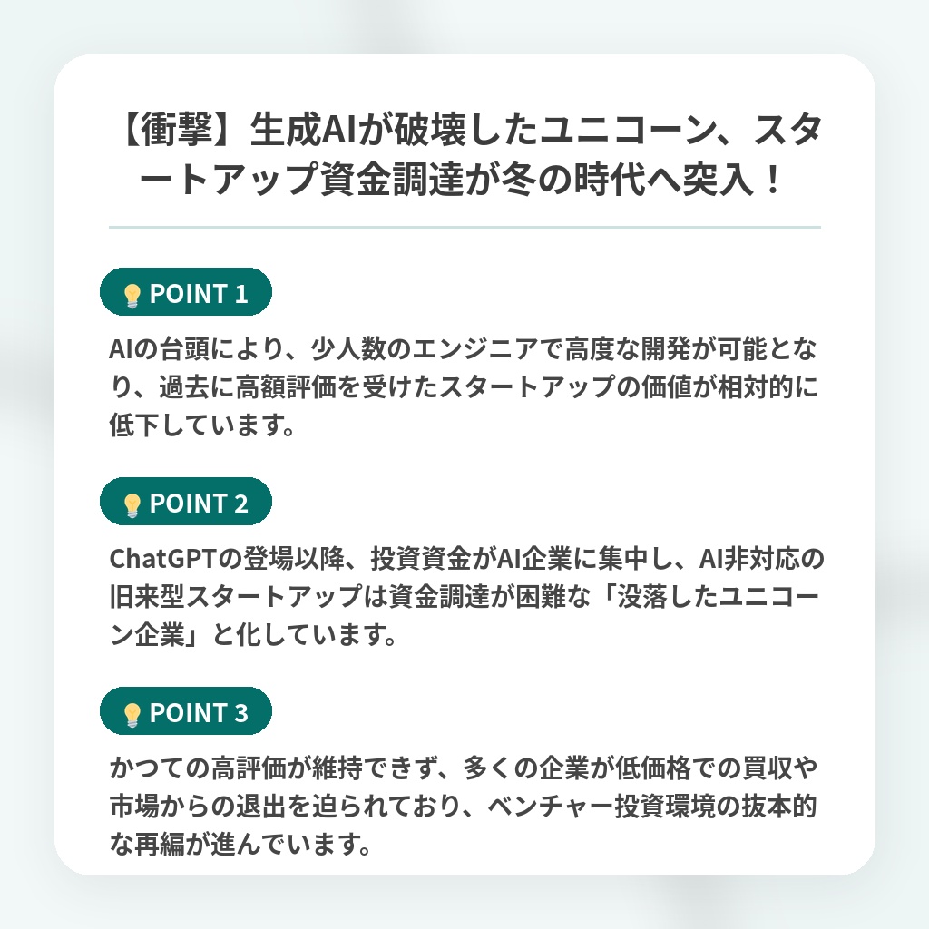 【衝撃】生成AIが破壊したユニコーン、スタートアップ資金調達が冬の時代へ突入!の注目ポイントまとめ