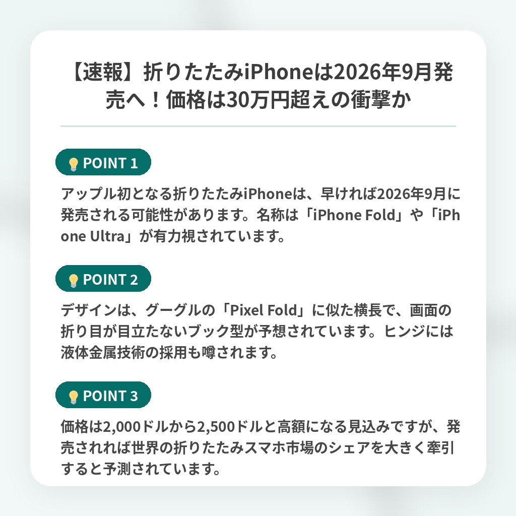 【速報】折りたたみiPhoneは2026年9月発売へ！価格は30万円超えの衝撃かの注目ポイントまとめ