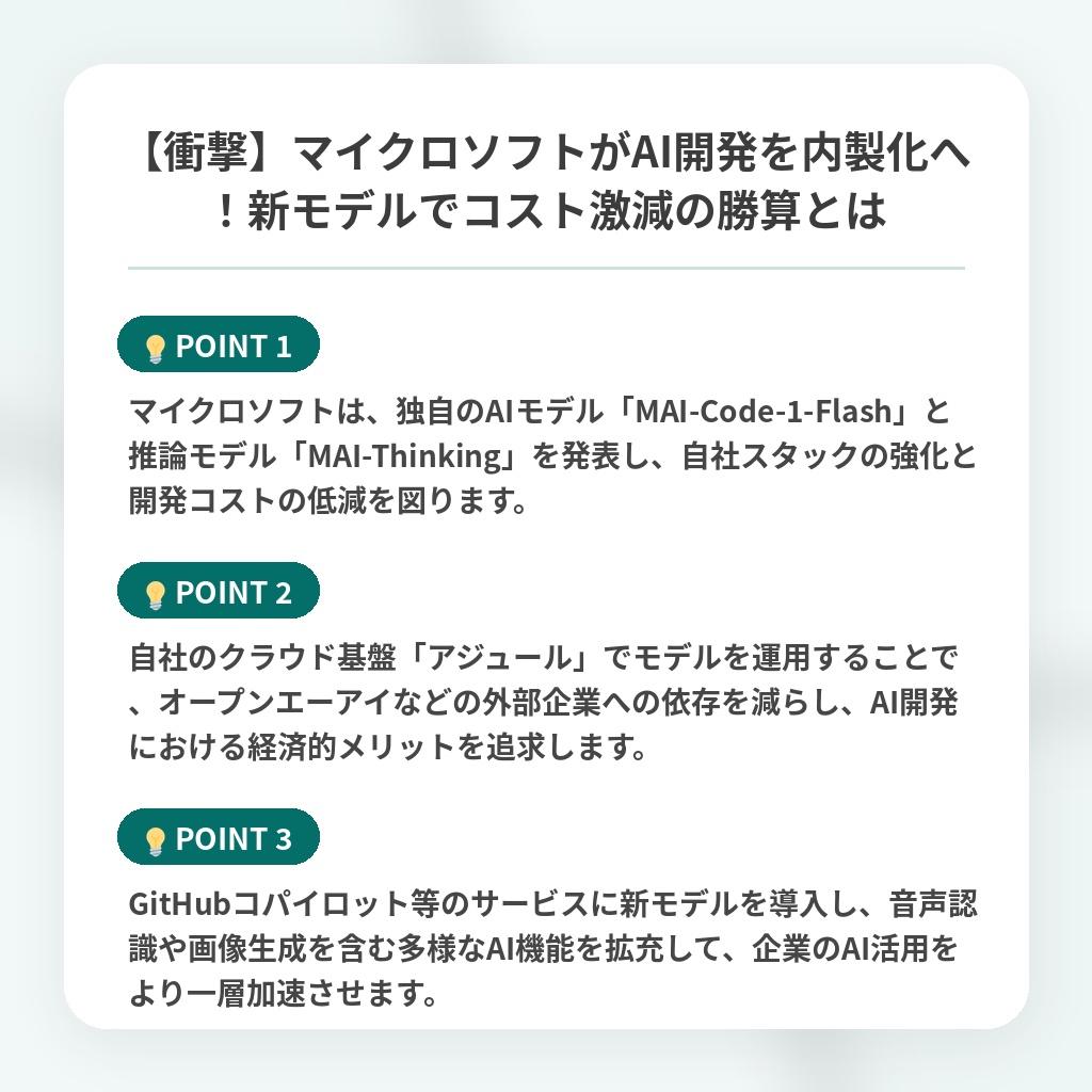【衝撃】マイクロソフトがAI開発を内製化へ!新モデルでコスト激減の勝算とはの注目ポイントまとめ