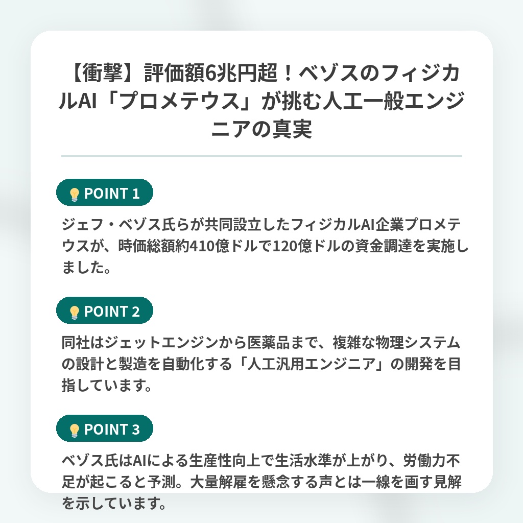 【衝撃】評価額6兆円超!ベゾスのフィジカルAI「プロメテウス」が挑む人工一般エンジニアの真実の注目ポイントまとめ