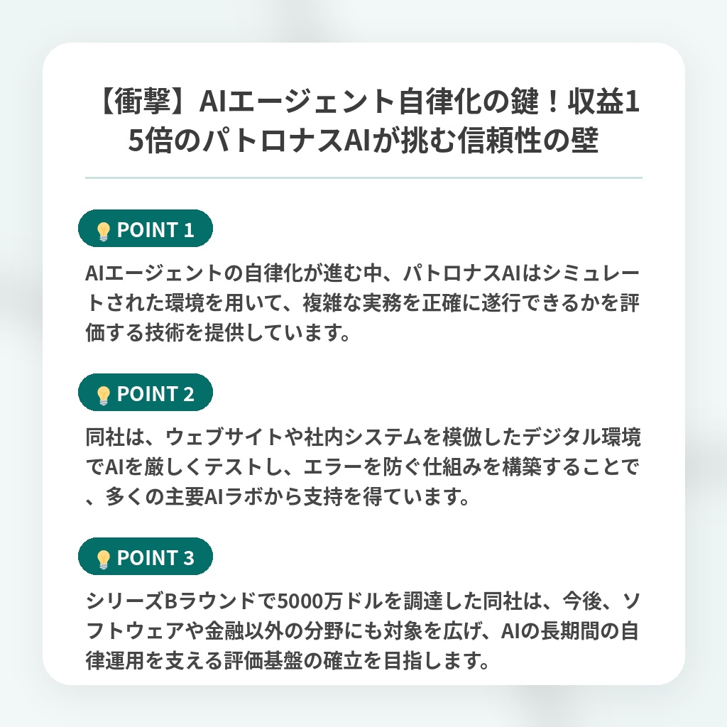 【衝撃】AIエージェント自律化の鍵！収益15倍のパトロナスAIが挑む信頼性の壁の注目ポイントまとめ