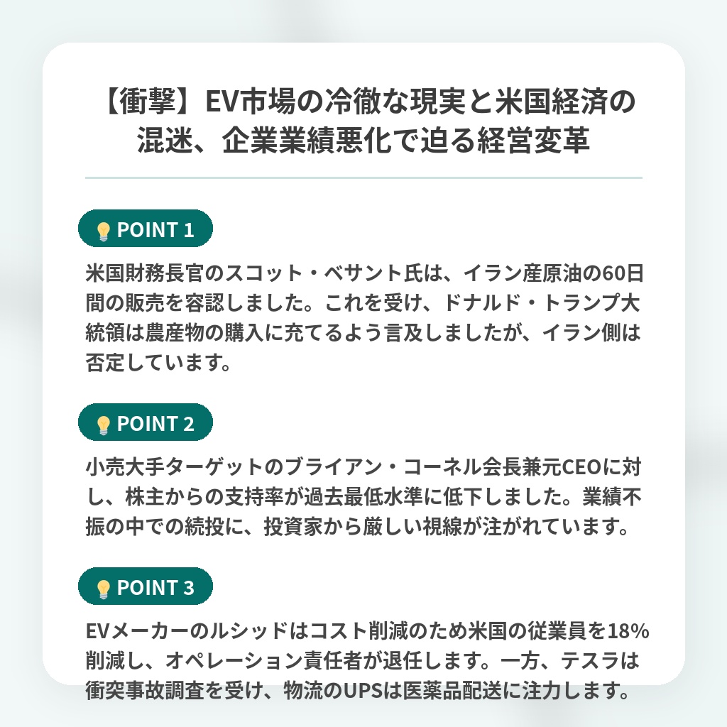 【衝撃】EV市場の冷徹な現実と米国経済の混迷、企業業績悪化で迫る経営変革の注目ポイントまとめ
