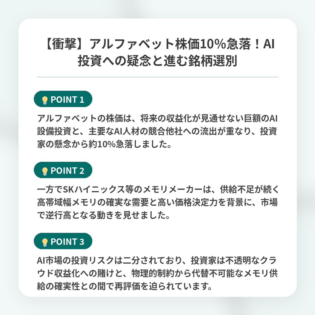 【衝撃】アルファベット株価10％急落！AI投資への疑念と進む銘柄選別の注目ポイントまとめ