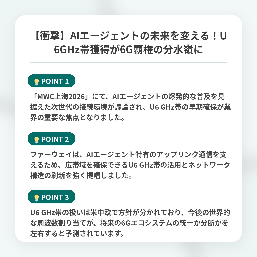【衝撃】AIエージェントの未来を変える！U6GHz帯獲得が6G覇権の分水嶺にの注目ポイントまとめ