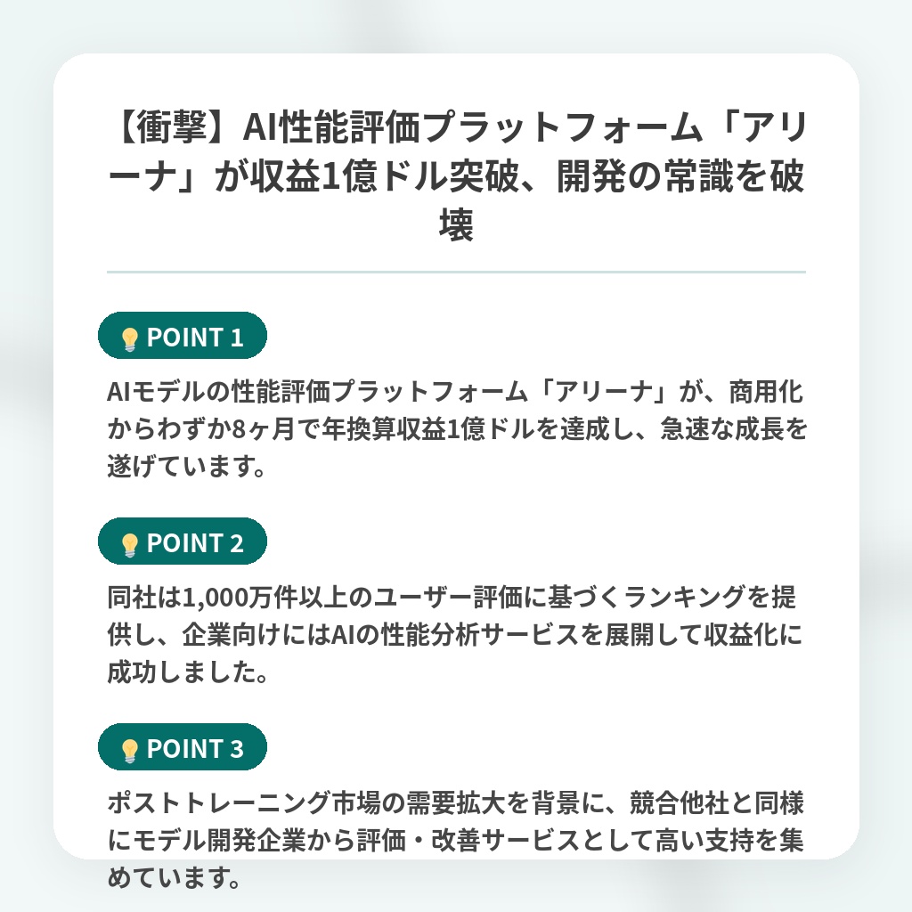 【衝撃】AI性能評価プラットフォーム「アリーナ」が収益1億ドル突破、開発の常識を破壊の注目ポイントまとめ