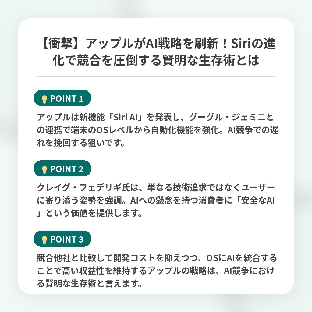 【衝撃】アップルがAI戦略を刷新!Siriの進化で競合を圧倒する賢明な生存術とはの注目ポイントまとめ