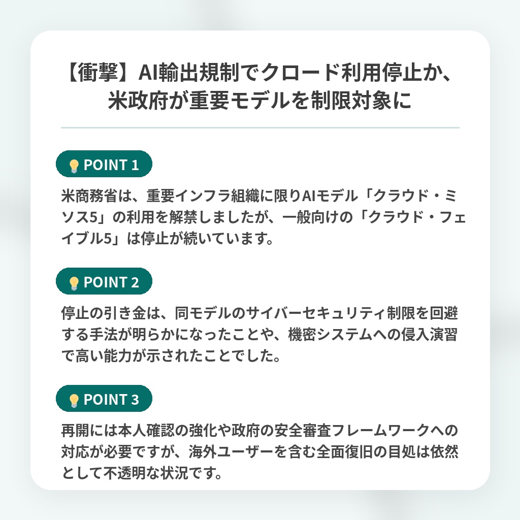 【衝撃】AI輸出規制でクロード利用停止か、米政府が重要モデルを制限対象にの注目ポイントまとめ