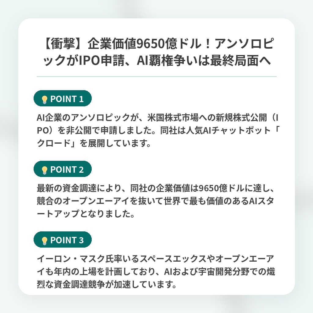 【衝撃】企業価値9650億ドル！アンソロピックがIPO申請、AI覇権争いは最終局面への注目ポイントまとめ