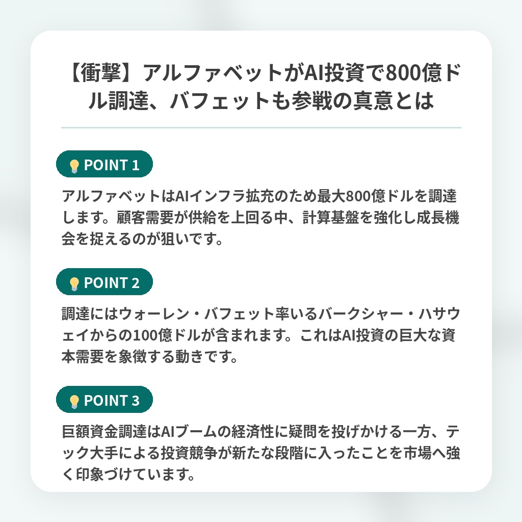 【衝撃】アルファベットがAI投資で800億ドル調達、バフェットも参戦の真意とはの注目ポイントまとめ