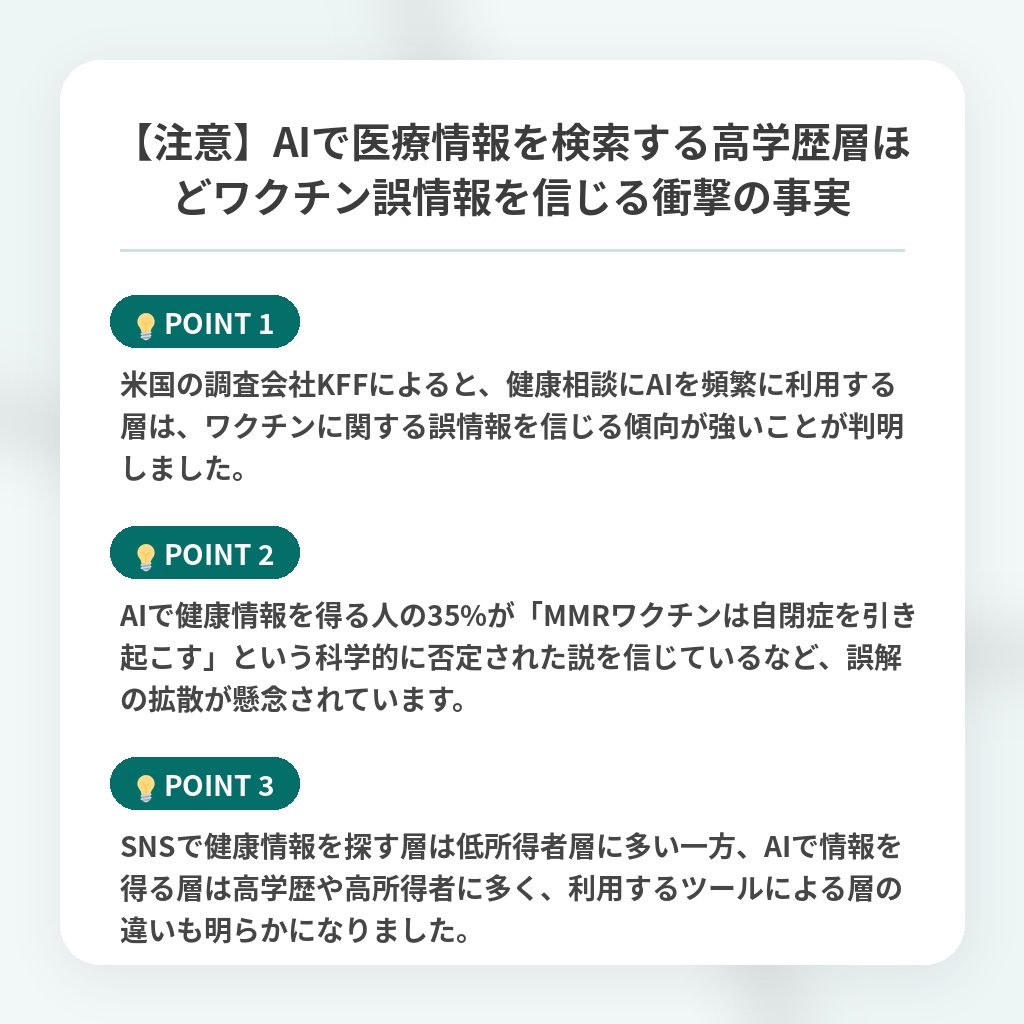 【注意】AIで医療情報を検索する高学歴層ほどワクチン誤情報を信じる衝撃の事実の注目ポイントまとめ