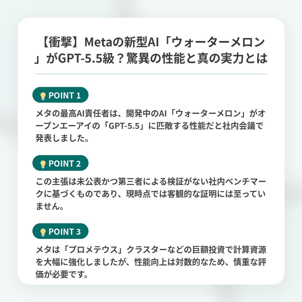 【衝撃】Metaの新型AI「ウォーターメロン」がGPT-5.5級?驚異の性能と真の実力とはの注目ポイントまとめ