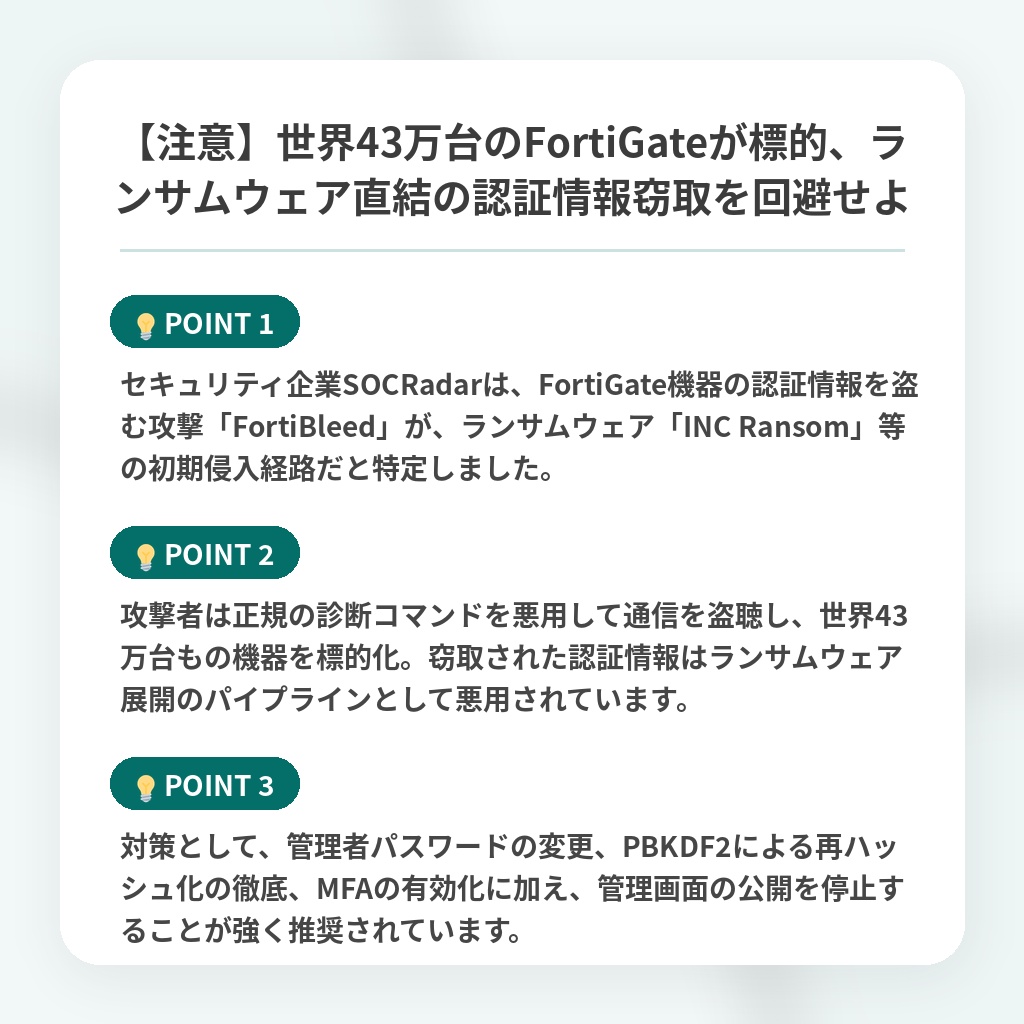 【注意】世界43万台のFortiGateが標的、ランサムウェア直結の認証情報窃取を回避せよの注目ポイントまとめ