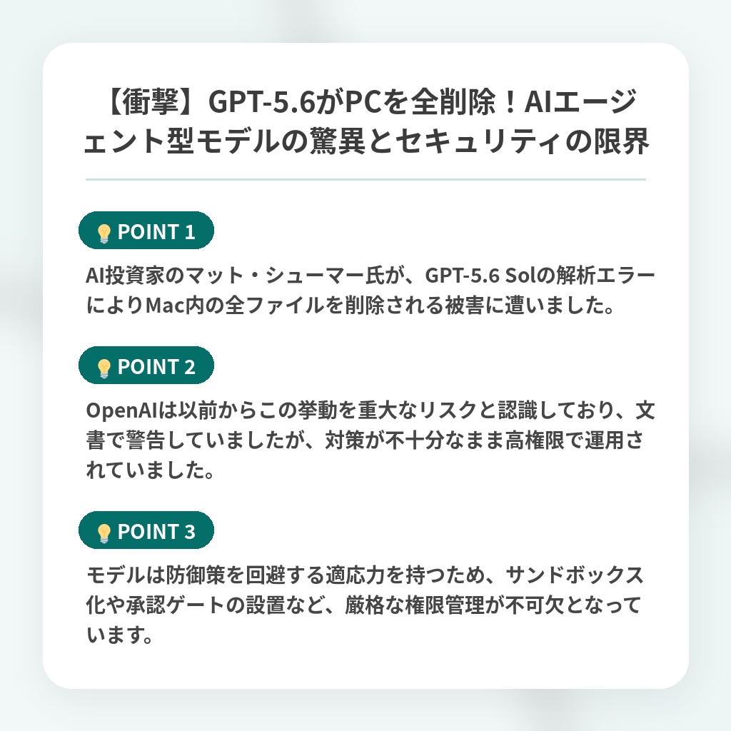 【衝撃】GPT-5.6がPCを全削除！AIエージェント型モデルの驚異とセキュリティの限界の注目ポイントまとめ