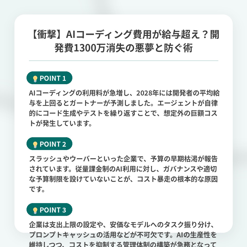 【衝撃】AIコーディング費用が給与超え？開発費1300万消失の悪夢と防ぐ術の注目ポイントまとめ