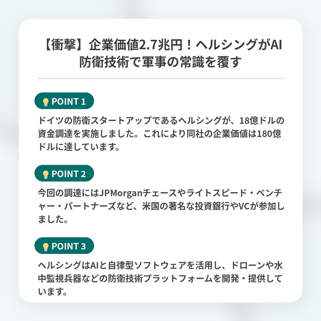 【衝撃】企業価値2.7兆円!ヘルシングがAI防衛技術で軍事の常識を覆すの注目ポイントまとめ
