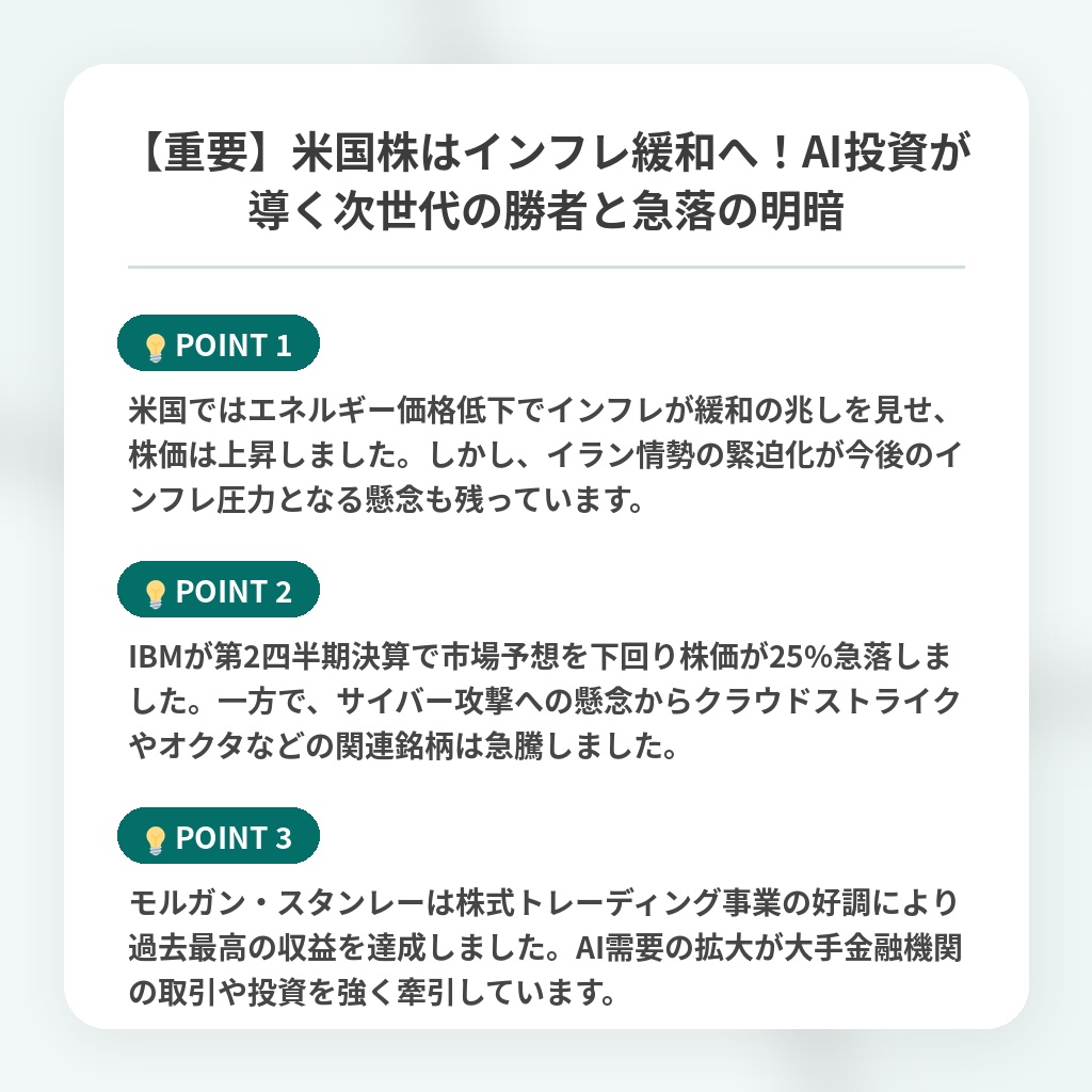 【重要】米国株はインフレ緩和へ!AI投資が導く次世代の勝者と急落の明暗の注目ポイントまとめ