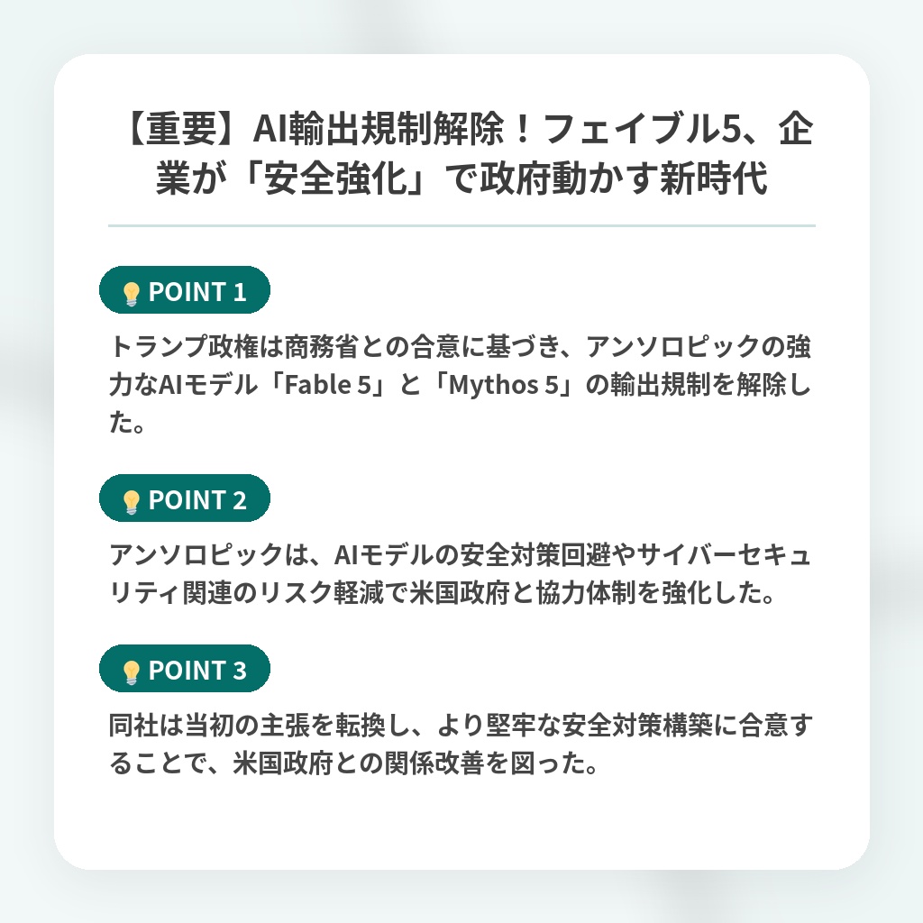 【重要】AI輸出規制解除！フェイブル5、企業が「安全強化」で政府動かす新時代の注目ポイントまとめ