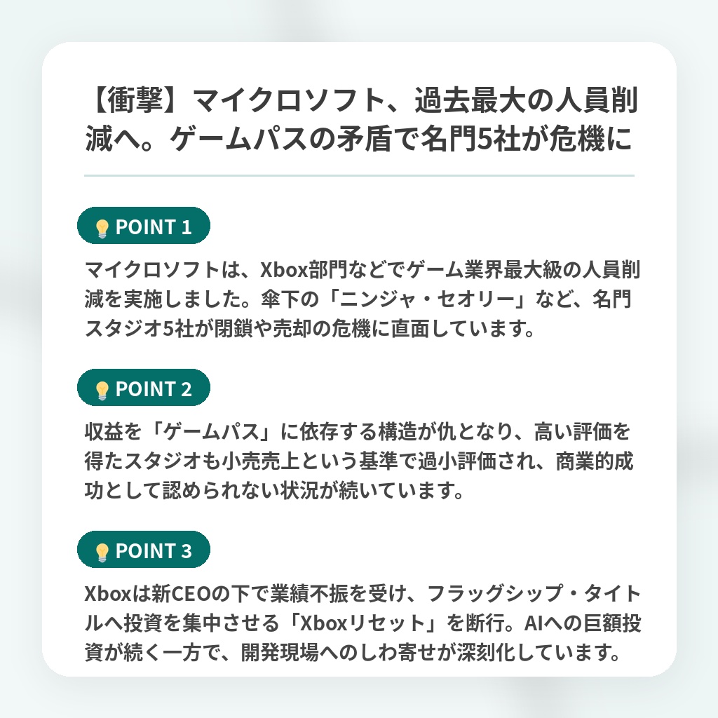 【衝撃】マイクロソフト、過去最大の人員削減へ。ゲームパスの矛盾で名門5社が危機にの注目ポイントまとめ