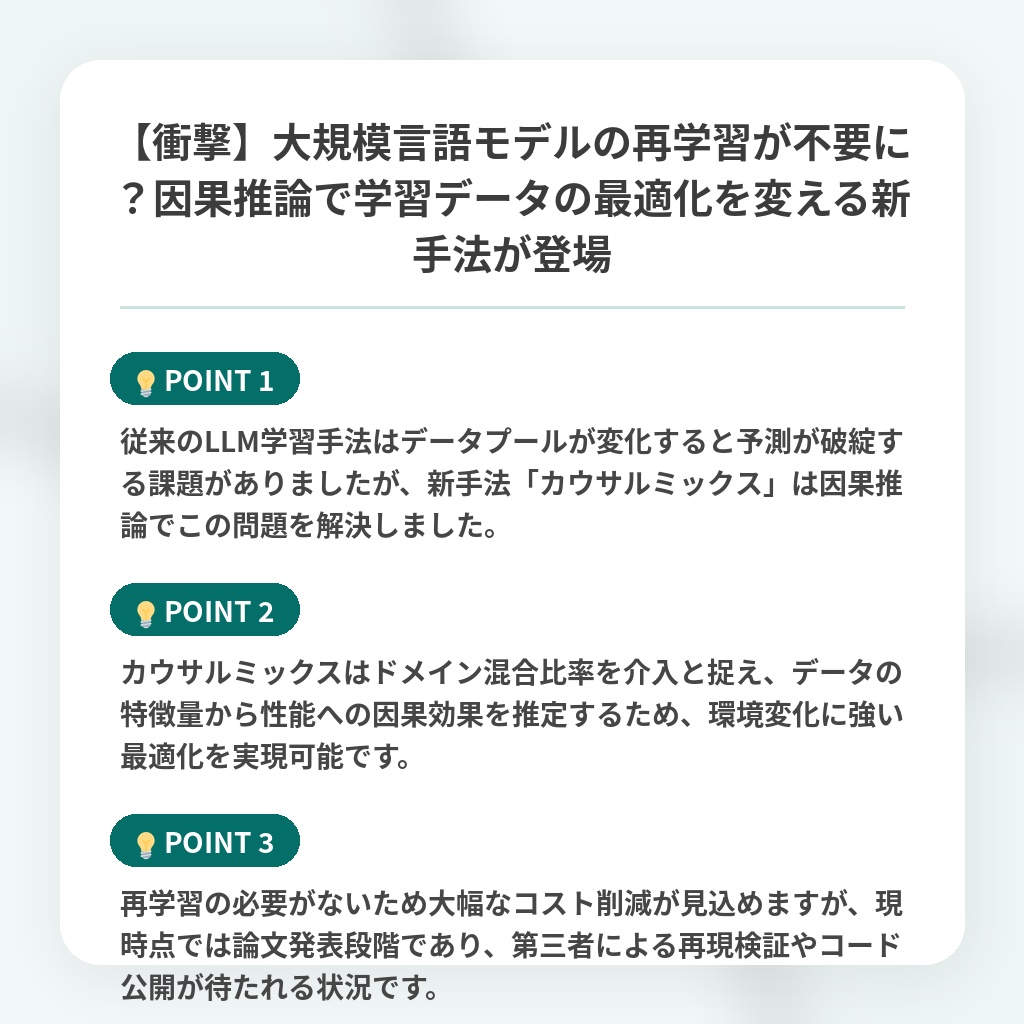 【衝撃】大規模言語モデルの再学習が不要に?因果推論で学習データの最適化を変える新手法が登場の注目ポイントまとめ