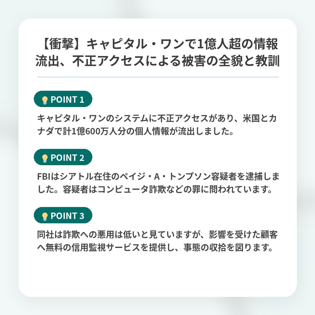 【衝撃】キャピタル・ワンで1億人超の情報流出、不正アクセスによる被害の全貌と教訓の注目ポイントまとめ