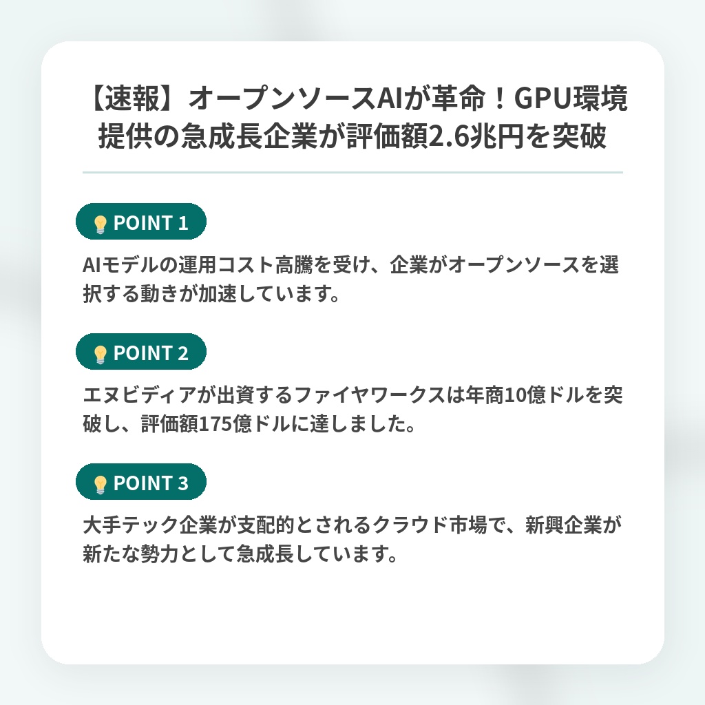【速報】オープンソースAIが革命！GPU環境提供の急成長企業が評価額2.6兆円を突破の注目ポイントまとめ