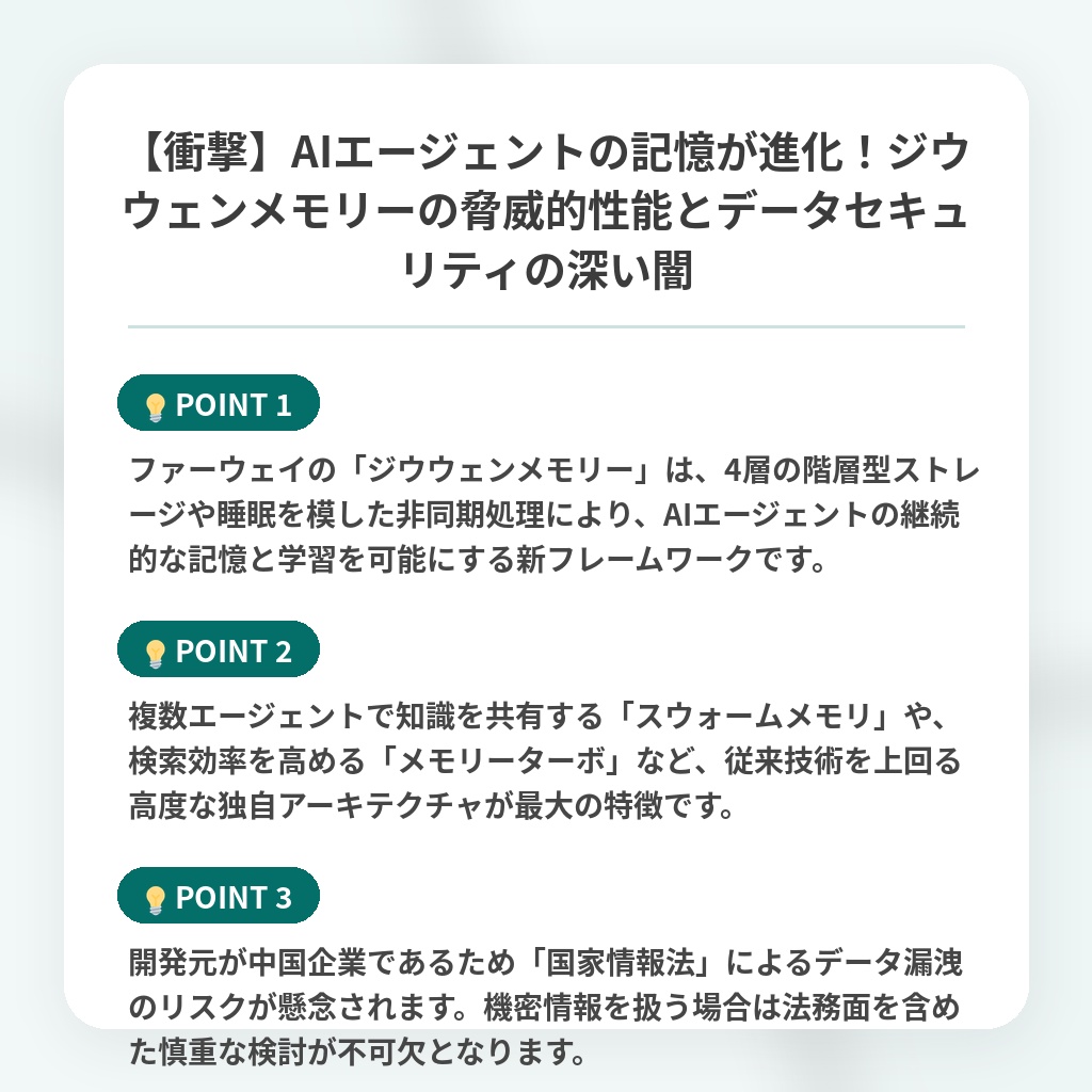 【衝撃】AIエージェントの記憶が進化!ジウウェンメモリーの脅威的性能とデータセキュリティの深い闇の注目ポイントまとめ