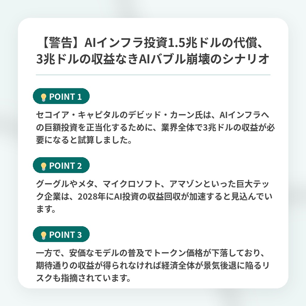 【警告】AIインフラ投資1.5兆ドルの代償、3兆ドルの収益なきAIバブル崩壊のシナリオの注目ポイントまとめ
