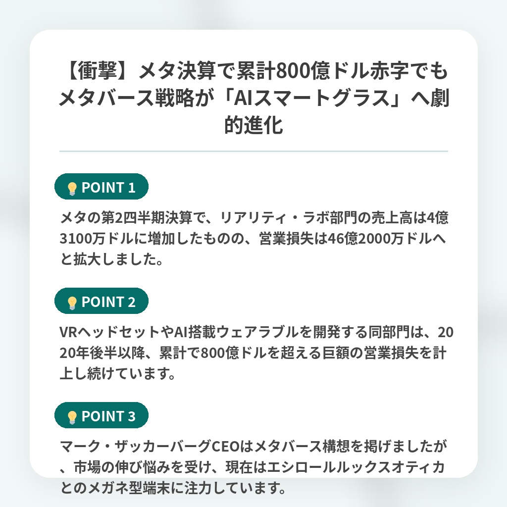 【衝撃】メタ決算で累計800億ドル赤字でもメタバース戦略が「AIスマートグラス」へ劇的進化の注目ポイントまとめ