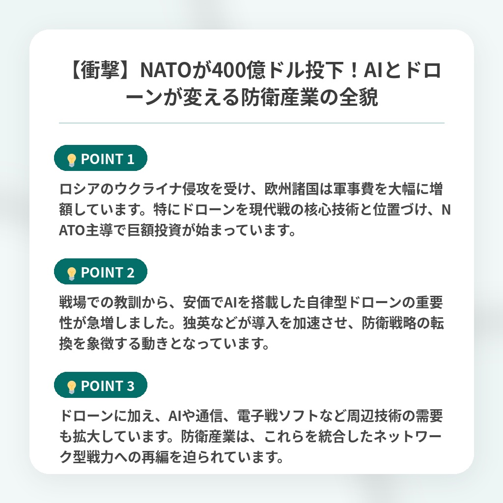 【衝撃】NATOが400億ドル投下!AIとドローンが変える防衛産業の全貌の注目ポイントまとめ