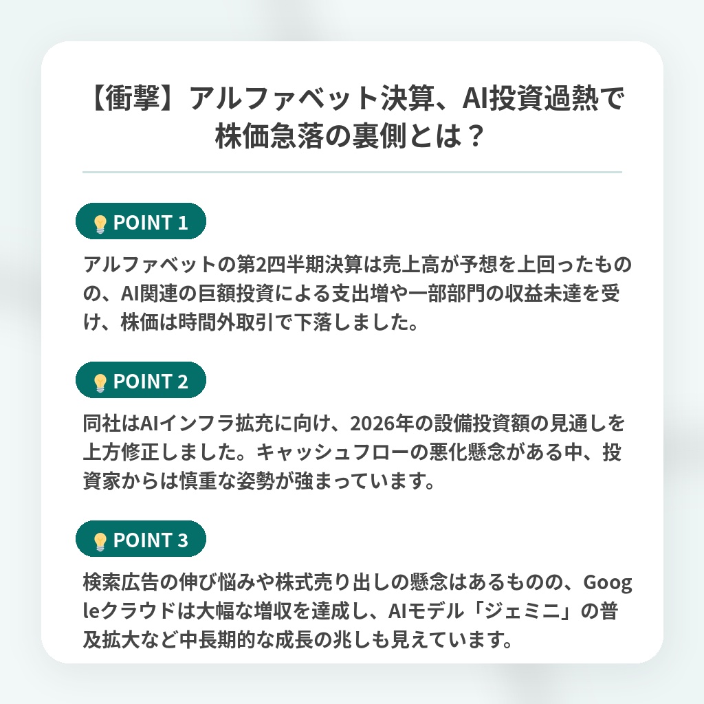 【衝撃】アルファベット決算、AI投資過熱で株価急落の裏側とは？の注目ポイントまとめ