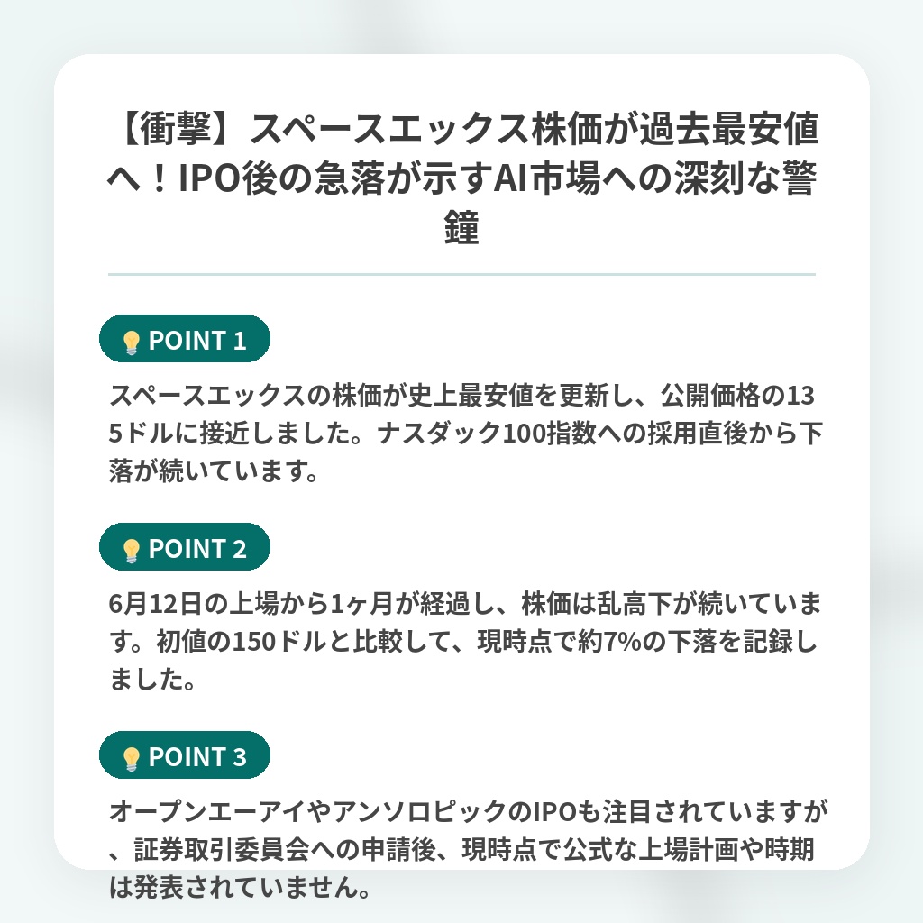 【衝撃】スペースエックス株価が過去最安値へ！IPO後の急落が示すAI市場への深刻な警鐘の注目ポイントまとめ