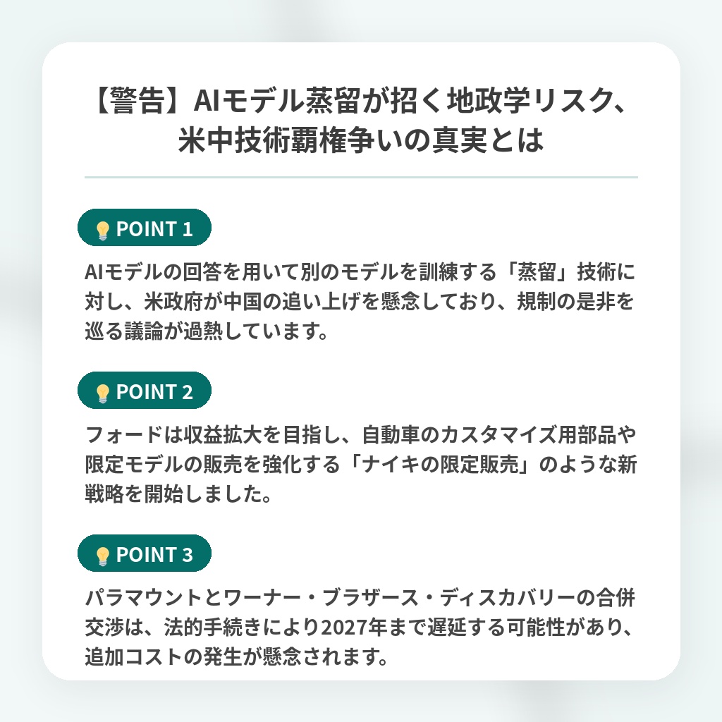 【警告】AIモデル蒸留が招く地政学リスク、米中技術覇権争いの真実とはの注目ポイントまとめ